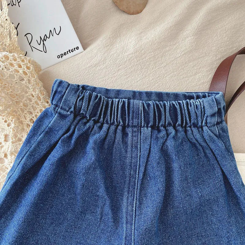 Kid's Lace Halter Seleveless Elastic Waist Denim Shorts Set