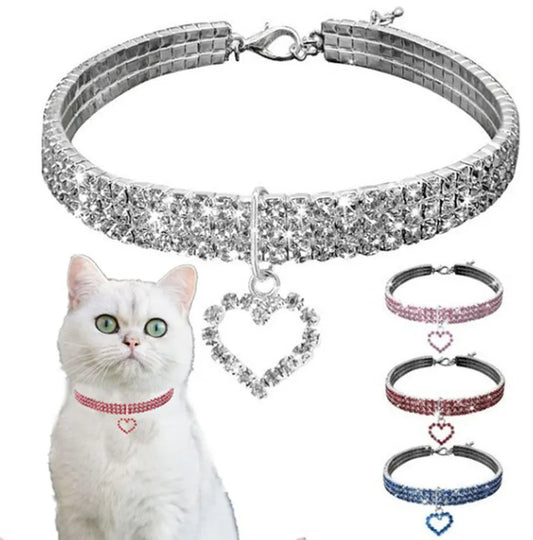 Elastic Rhinestone Pet Collar with Love Decoration