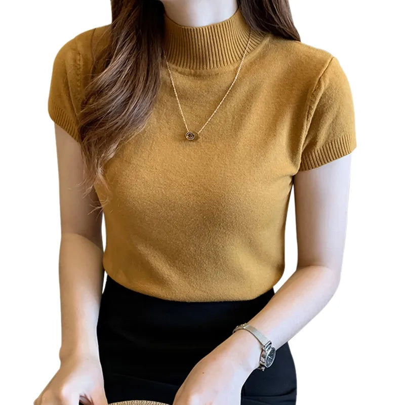 Half Turtleneck Slim Short Sleeve Pullover Tops