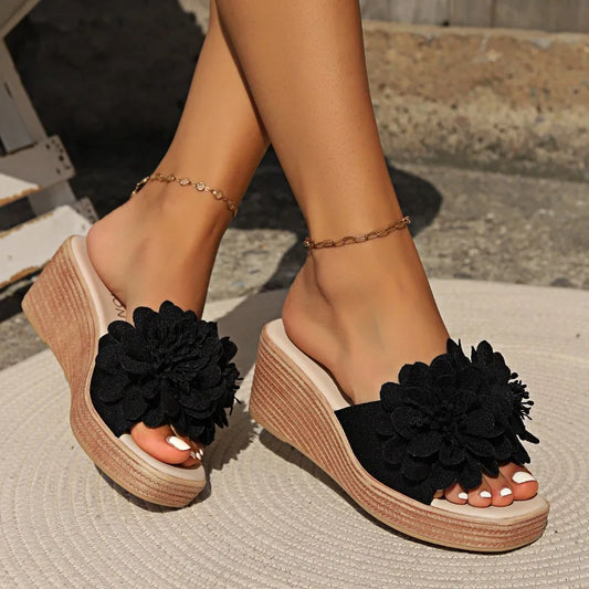 Pantoufles d'été à fleurs à talons hauts