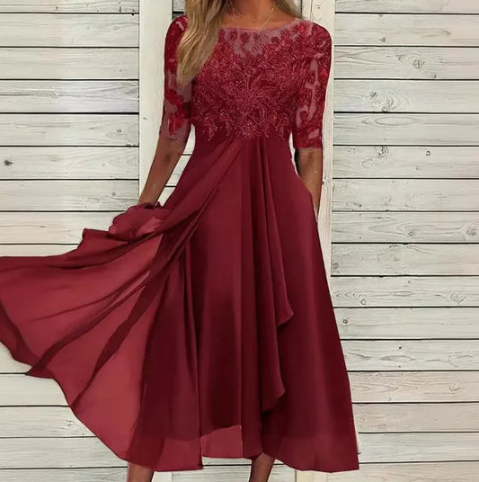 Robe trapèze à manches courtes et col rond en dentelle florale pour femme