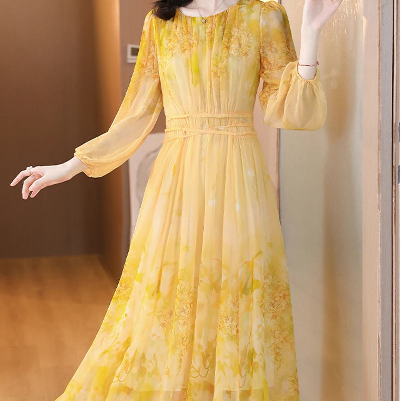 Women's Floral Silk Long Sleeve Bodycon Maxi Prom Dress