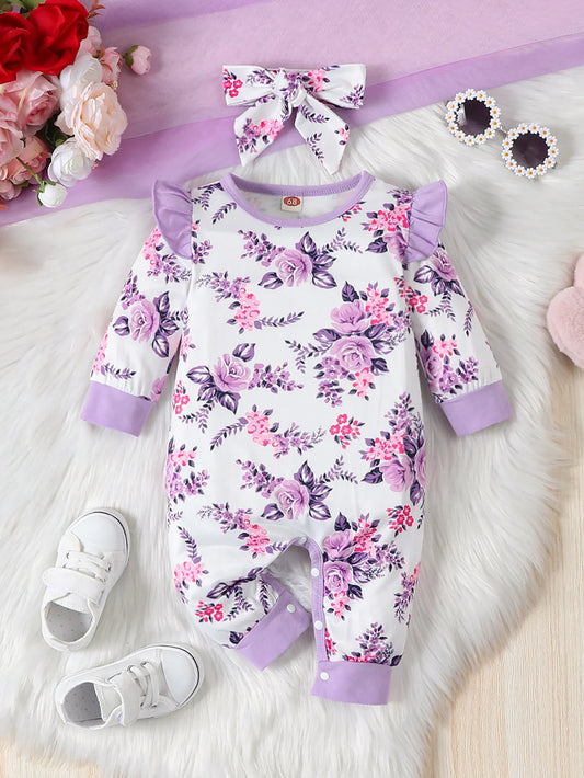 2pcs Newborn Girls Outfit Set - Floral Print Long Sleeve Rompers