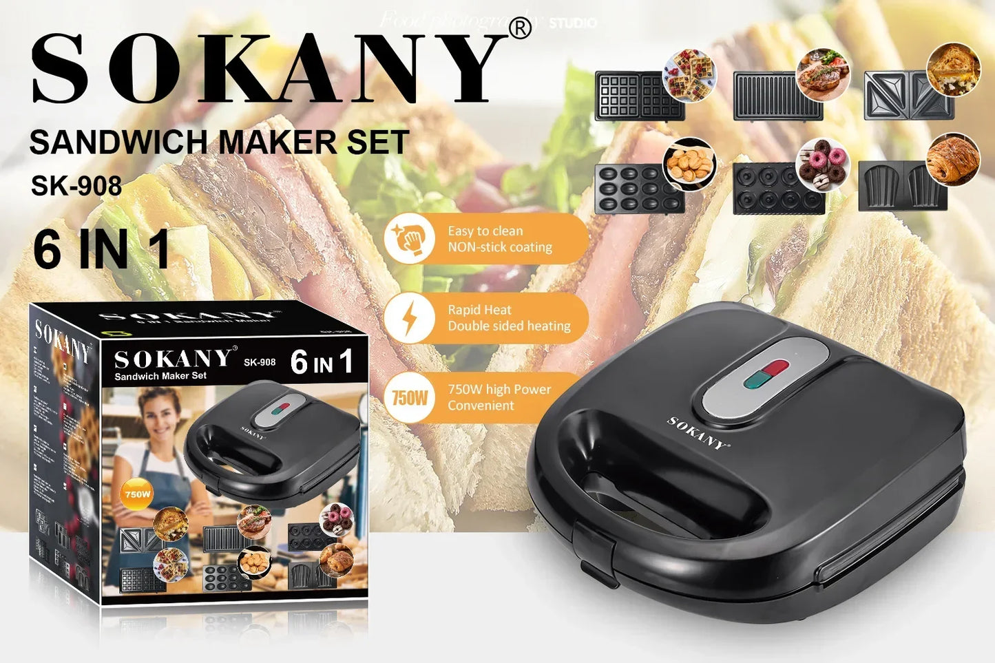 Electric Waffle Maker 6 In 1 Toaster Breakfast Machine