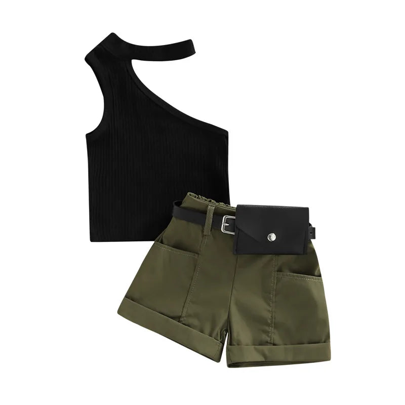 Kids Sleeveless One Shoulder T shirt Short Pants Set