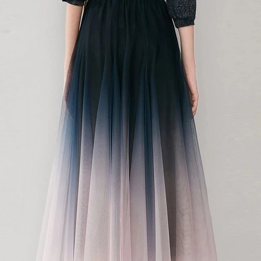 High Waist Gradient Tulle Midi Skirt