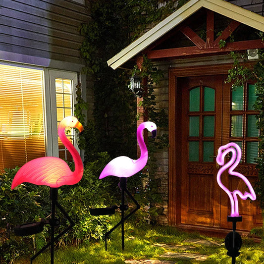 Lampe solaire sur piquet de jardin à LED Flamingo