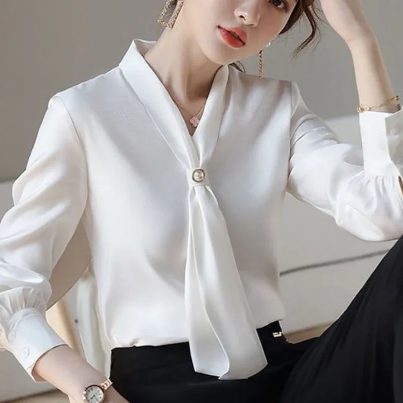 Long Sleeve Bow Tie Collar Women Tops