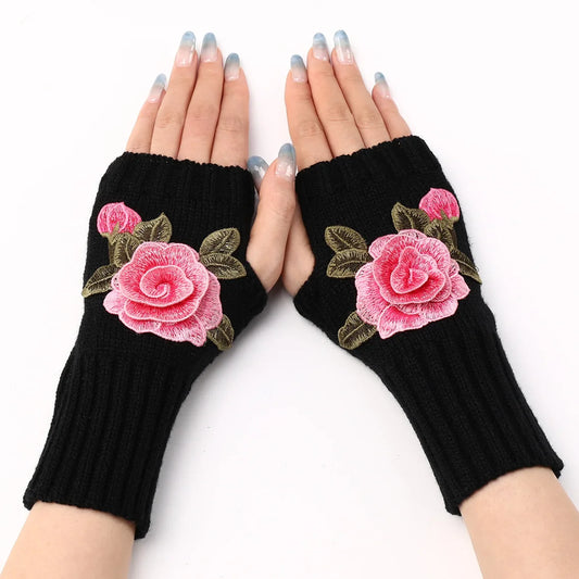 Gants d'hiver tricotés en laine avec fleurs