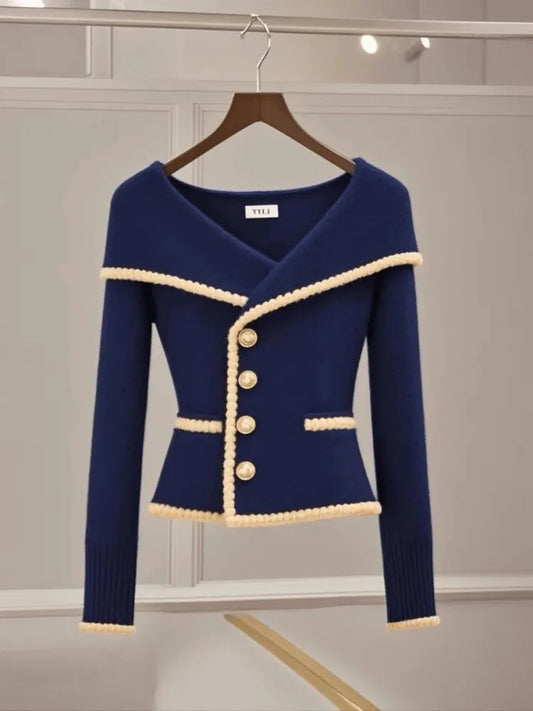 Pull cardigan bleu marine haut de gamme