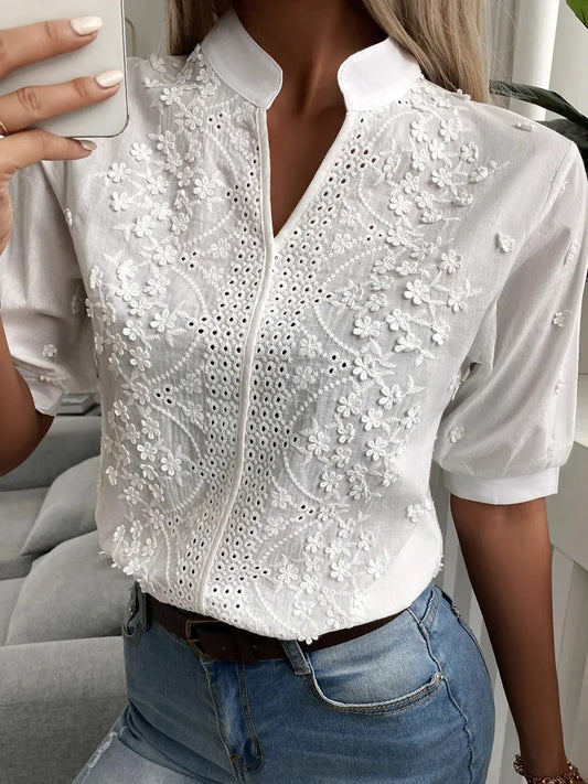 Summer Embroidery Lace V Neck Short Sleeve Tops