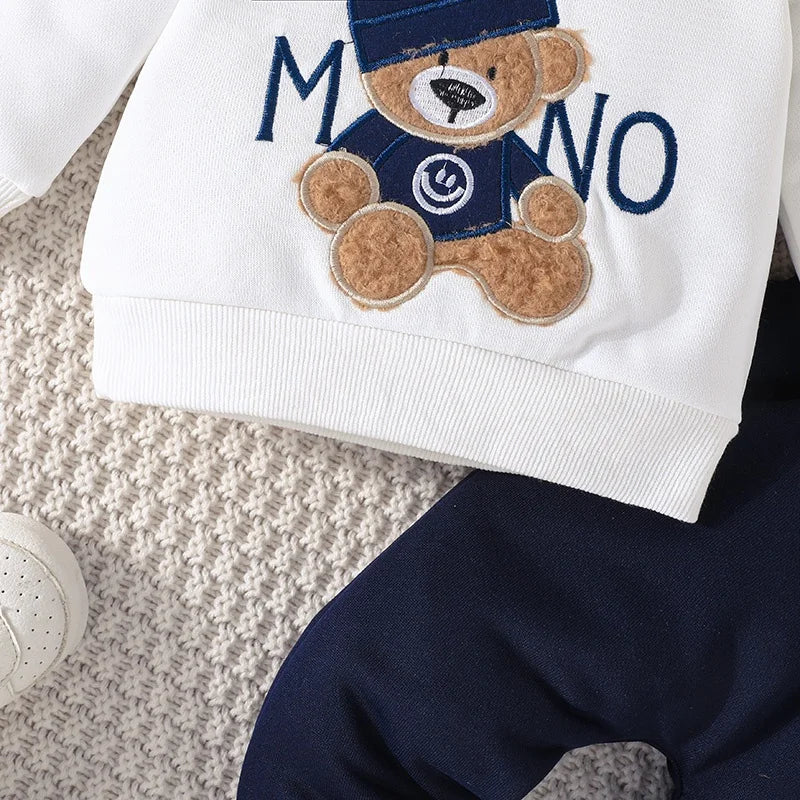 Boys Casual Cartoon Bear Long Sleeve tee and Navy Pants Outfit