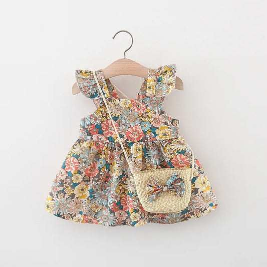 Baby Girl's Dress - Flower Flying Sleeve Dress with Straw Bag