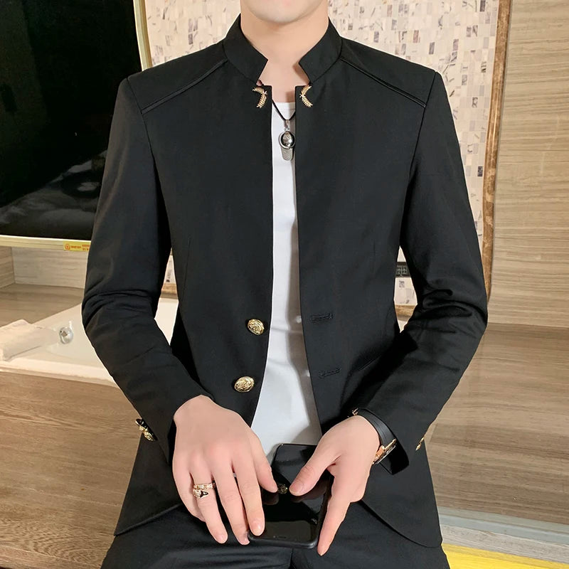Blazer coupe ajustée à col montant de style chinois pour hommes de printemps