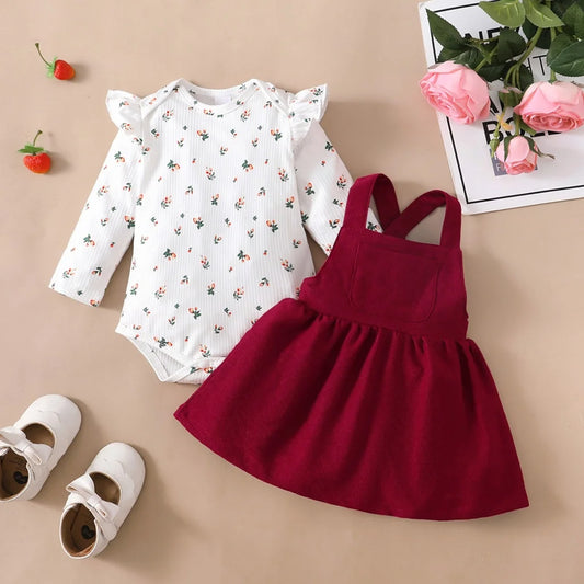 Newborn Baby Ruffle Long Sleeves Body suit red Strap Girl Outfit