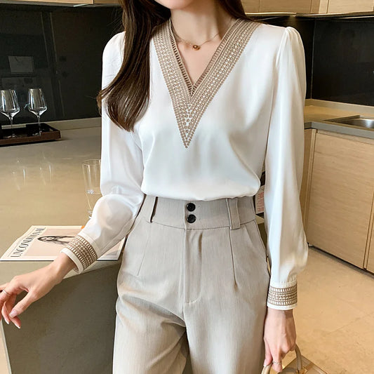 Chiffon V Neck Loose Long Sleeve Office Lady Blouses