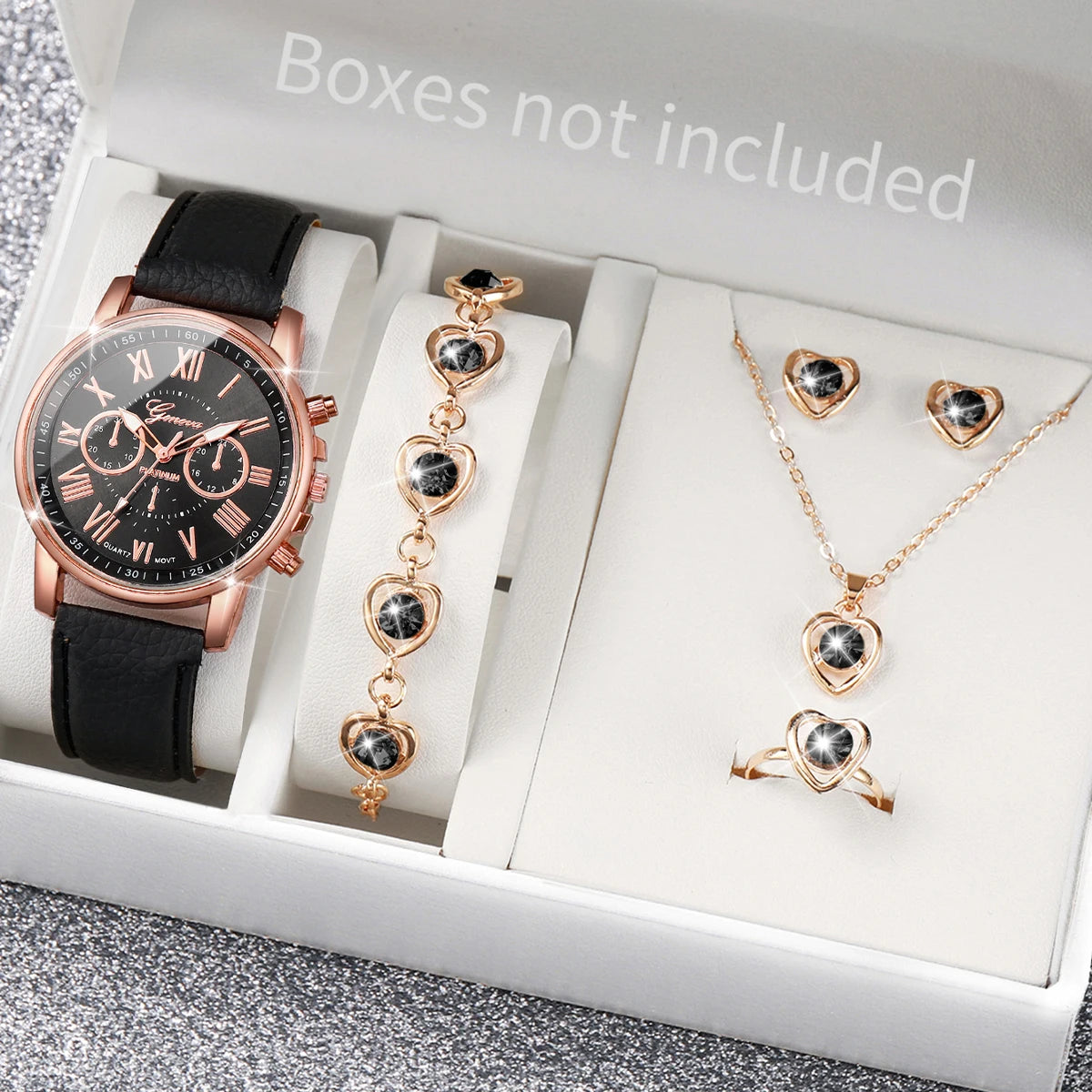 Montre-bracelet en strass avec bague, collier et boucles d'oreilles assorties pour femme