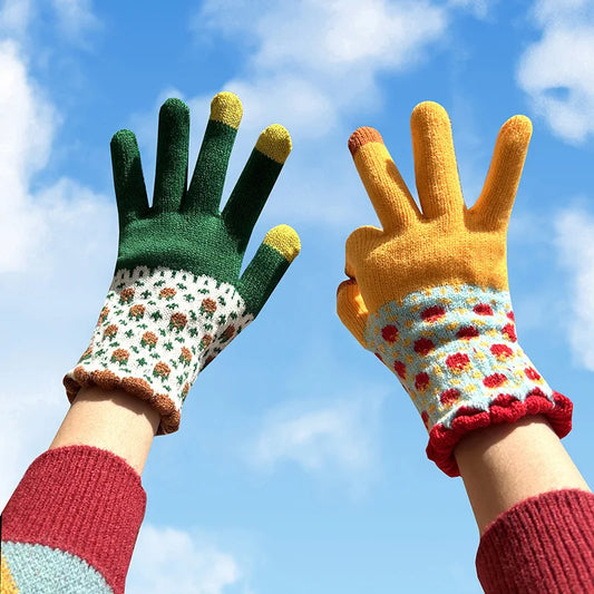 Gants tricotés chauds à fleurs pour écran tactile