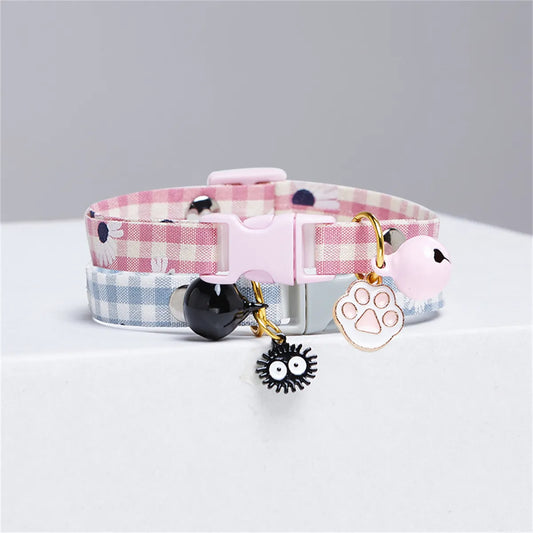 Adjustable Plaid Cat Collar with Bell Pendant