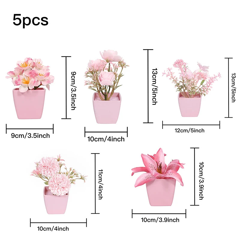 Mini plante en pot de fleurs artificielles roses, 5 pièces, décoration d'intérieur pour étagère de bureau