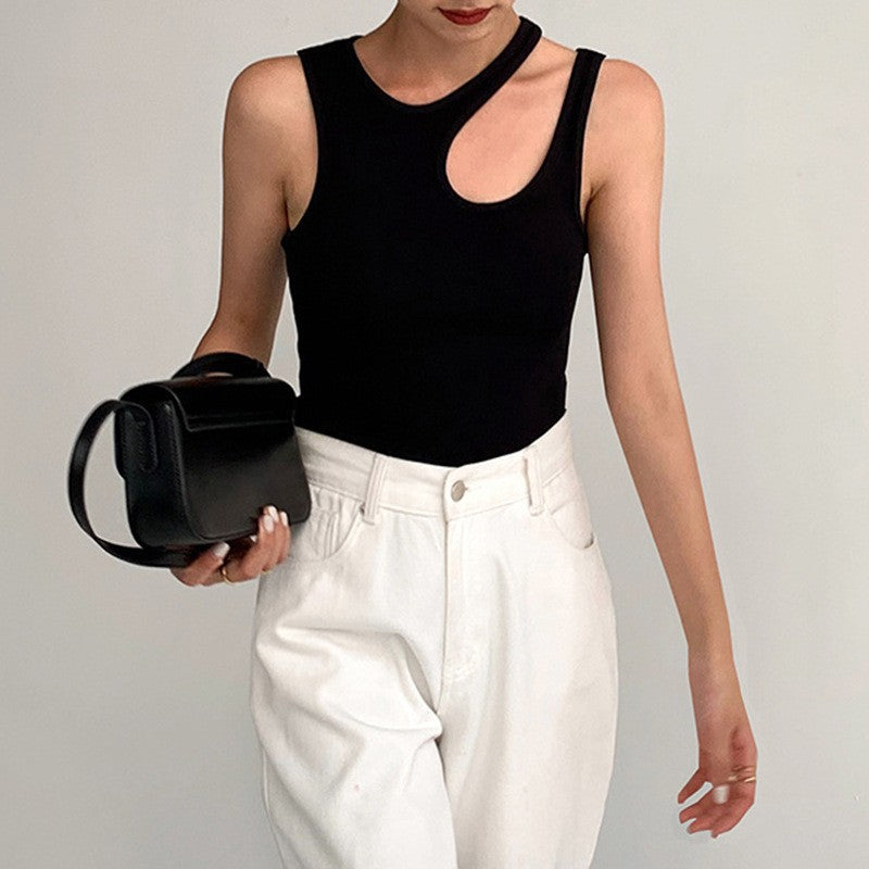 White Cut Round Neck Sleeveless Korean Slim Top
