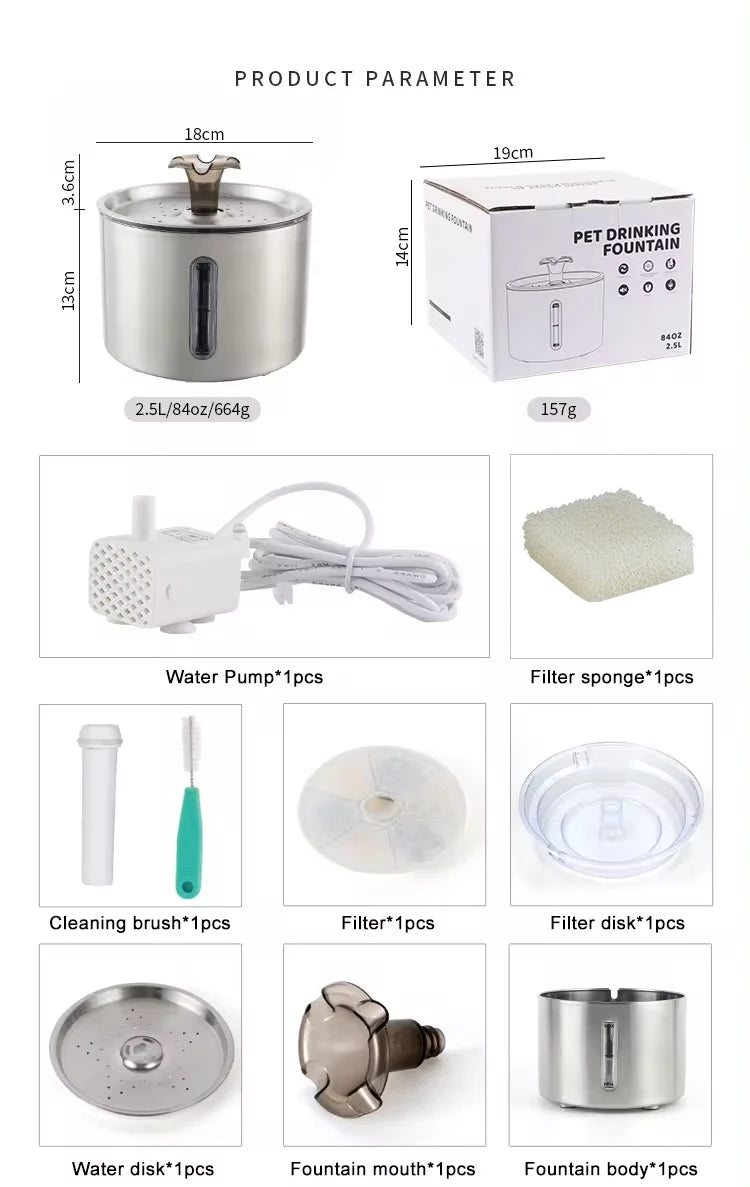 Fontaine à eau automatique pour chat en acier inoxydable avec lumière LED