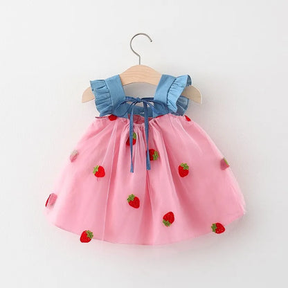 Girls' Little Flying Sleeve Dress - Embroidery Mesh Dress