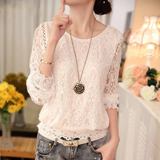 Long Sleeve O-neck Summer Office Lace Tops