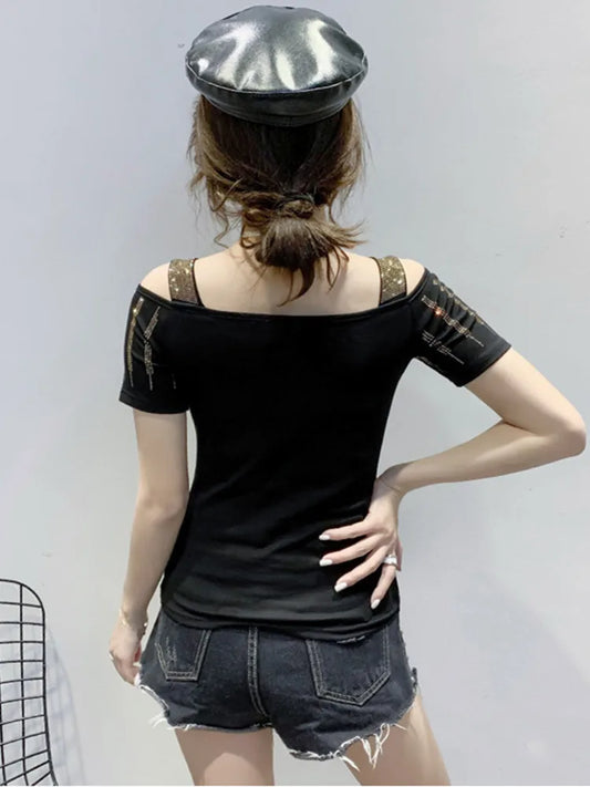 Chic Hollow Out Diamond Off-Shoulder T-Shirt
