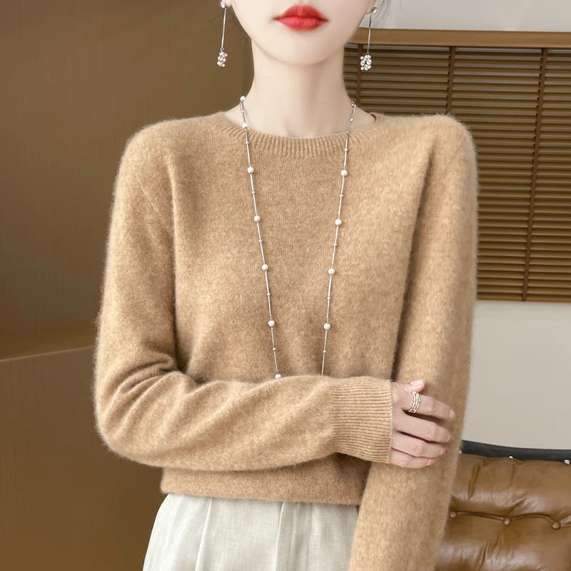 Pull en cachemire tricoté brodé à col rond pour femme