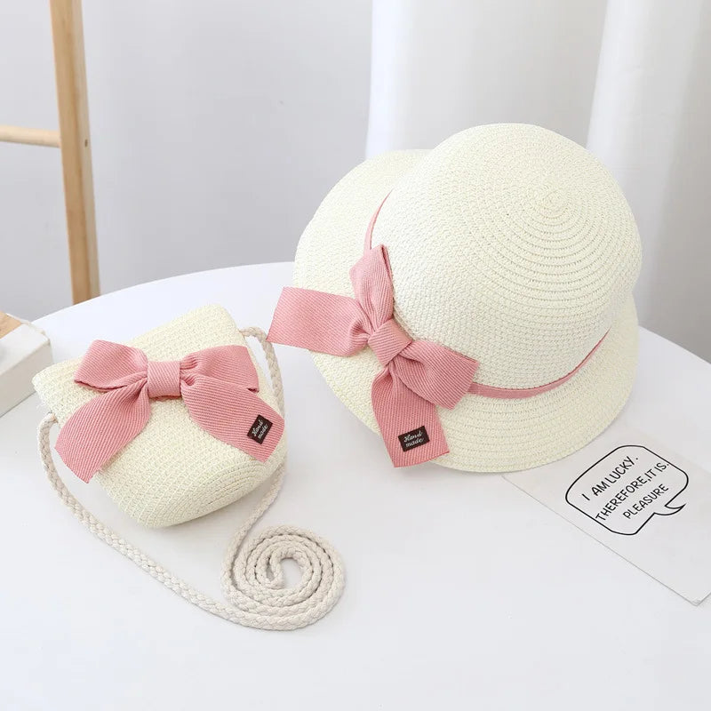 Baby Girls Lace Straw Wide Brim Shoulder Bag & Sun Hats