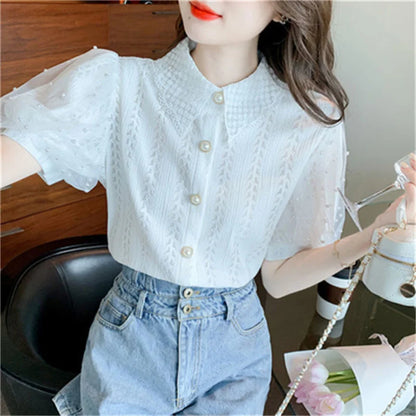 Short Puff Sleeve Turn-down Collar Beading Lace Blouses