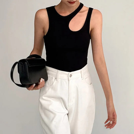 White Cut Round Neck Sleeveless Korean Slim Top