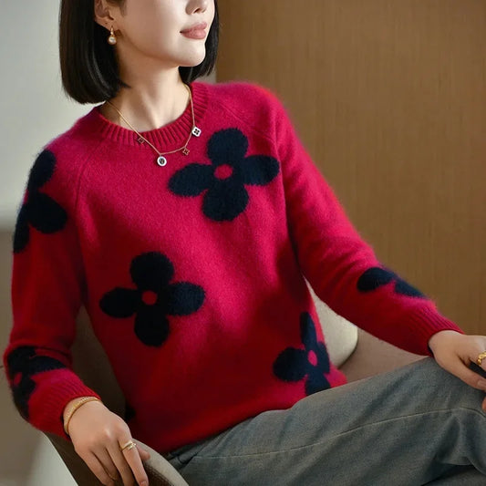 Pull col roulé tricoté à fleurs brodées pour femme