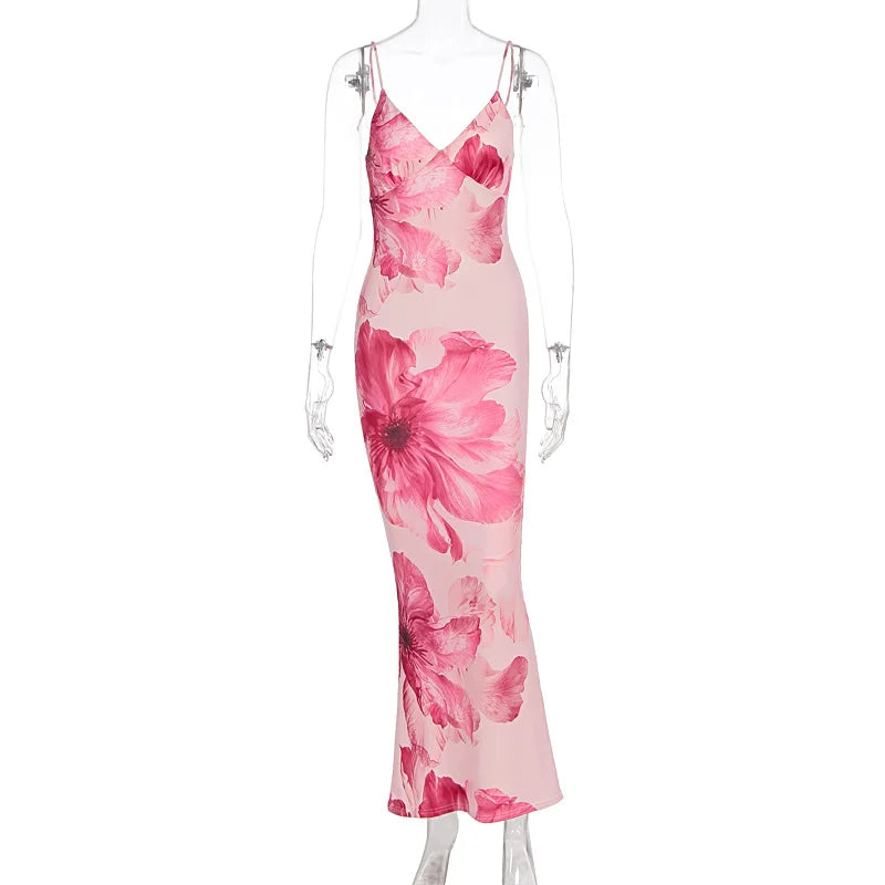 Women's Floral Print V Neck Silk Midi Dress