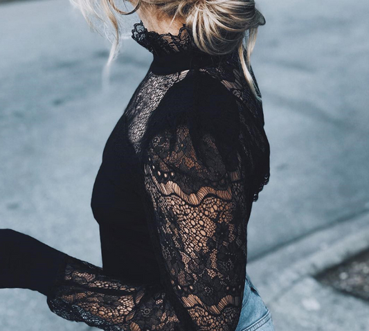 Turtleneck Long Sleeves Floral Lace Sheer Tops
