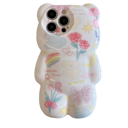 Coque de téléphone avec petit ours et fleurs 3D