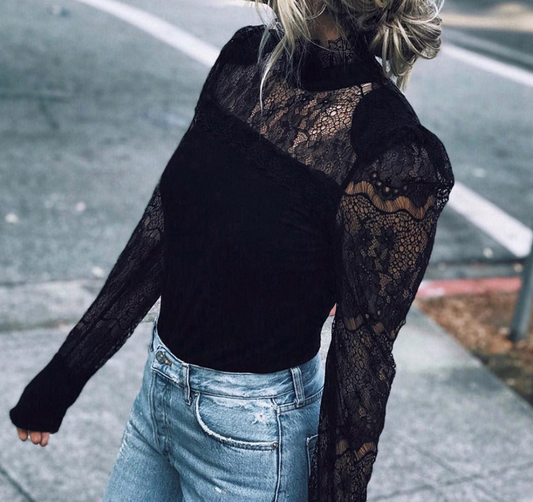 Turtleneck Long Sleeves Floral Lace Sheer Tops