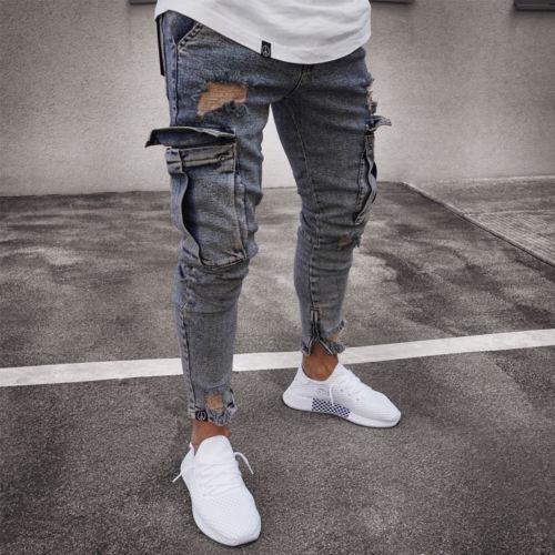 Herren-Cargo-Loch-Denim-Jeans 