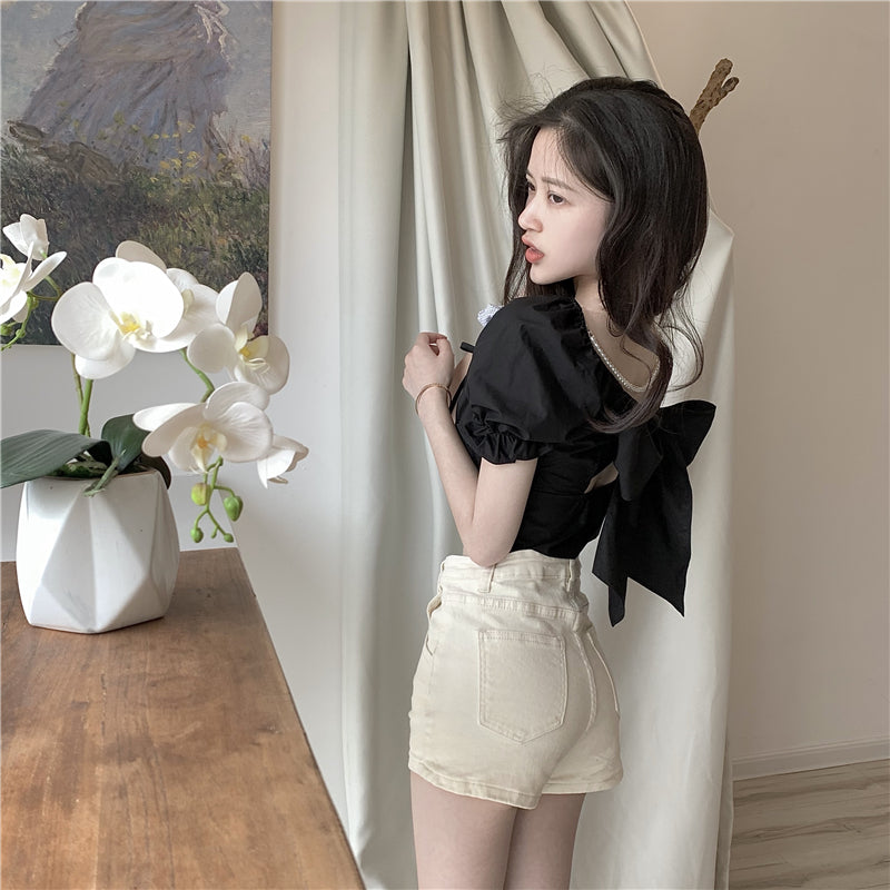 Retro High Waist Slim Puff Short Sleeve Top