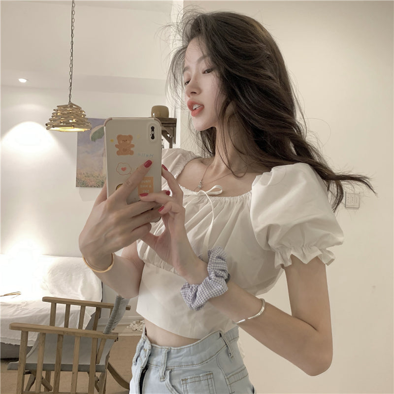 Retro High Waist Slim Puff Short Sleeve Top