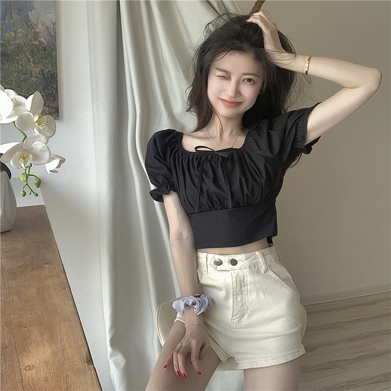 Retro High Waist Slim Puff Short Sleeve Top