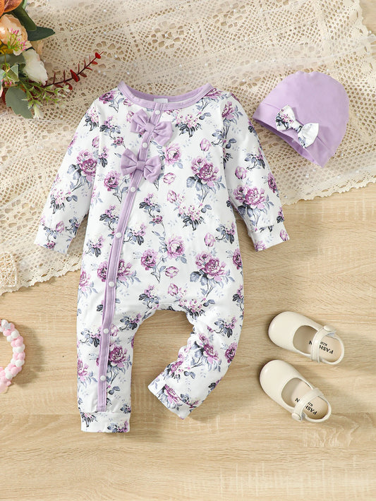 2pcs Newborn Long Sleeve Floral Print Rompers Set