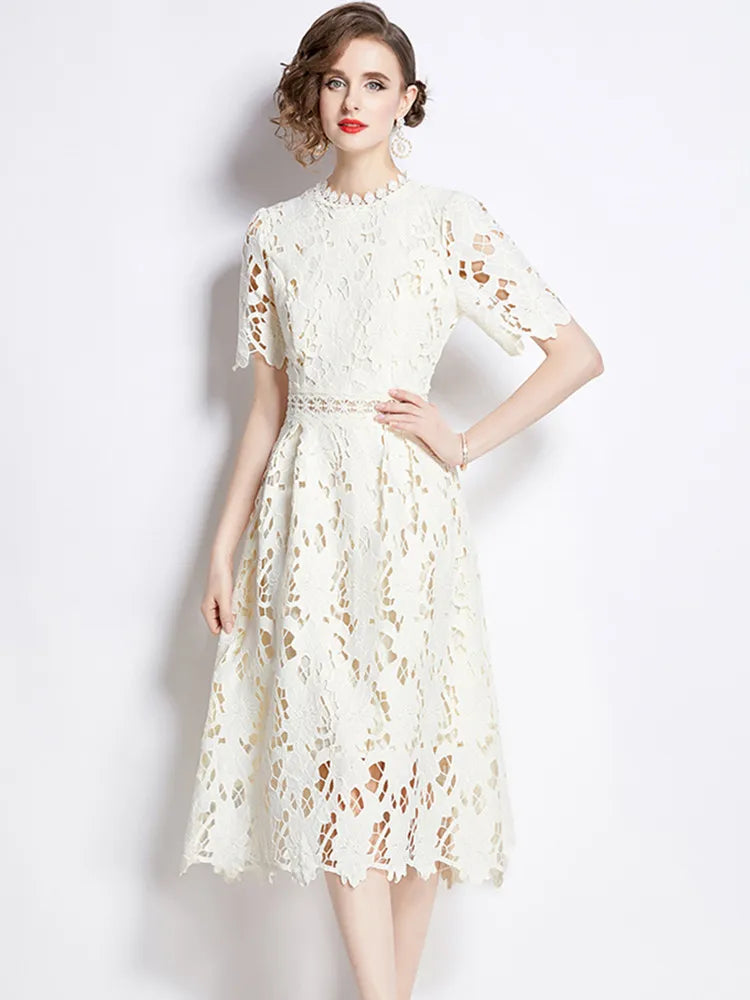 Embroidered Lace Hollow Out Long Dress