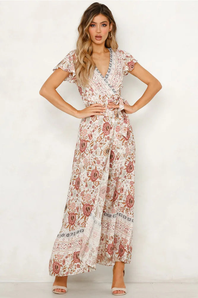 Robe trapèze d'été à manches courtes et imprimé floral pour femme 