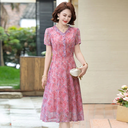 Robe trapèze fleurie en mousseline à col en V