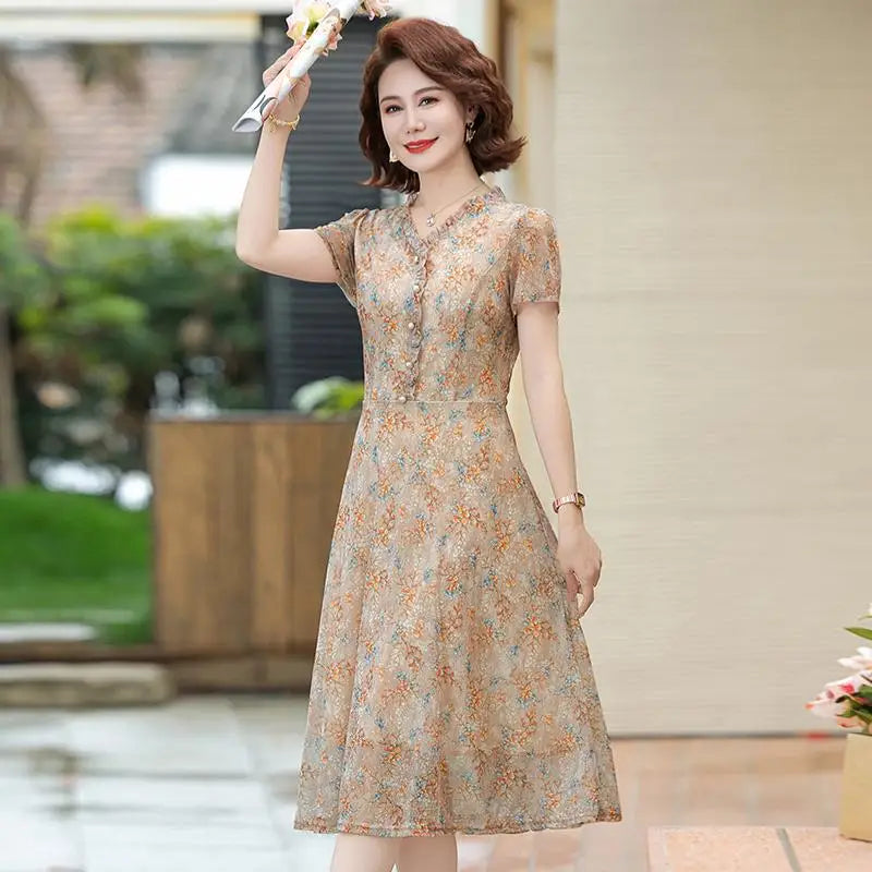 Floral Chiffon V-Neck A-line Dress