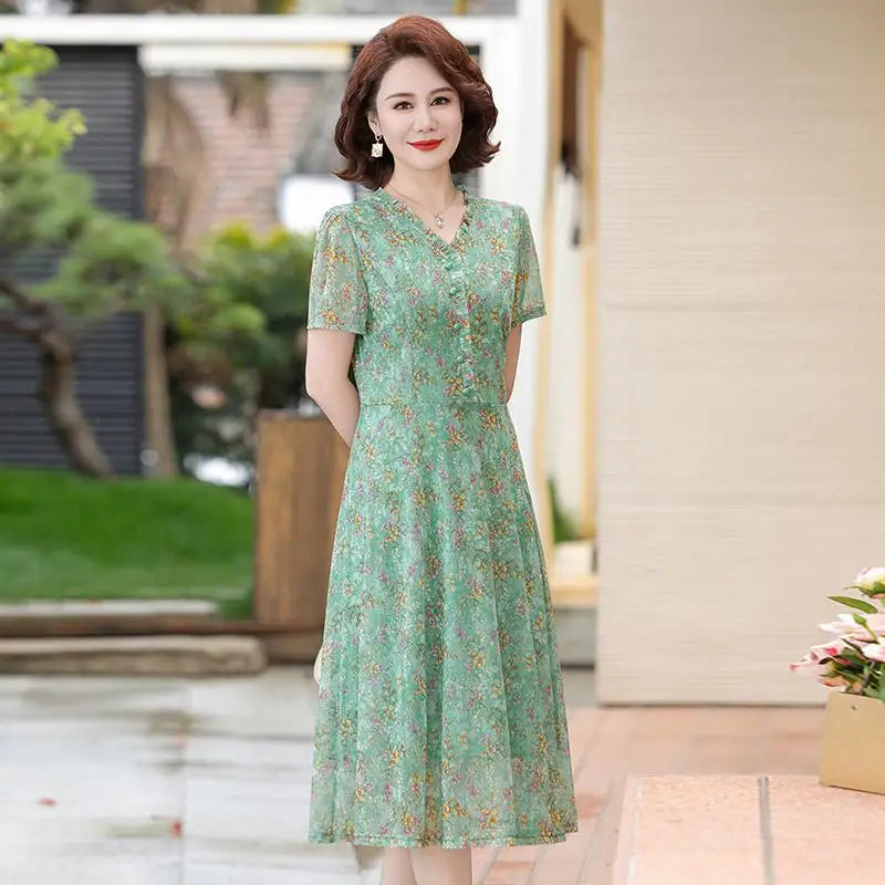 Floral Chiffon V-Neck A-line Dress