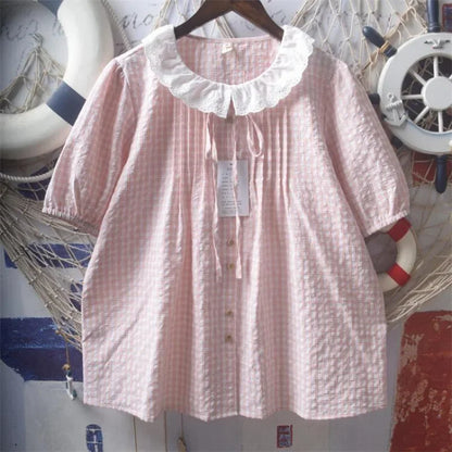 French Style Plaid Doll Collar Blouse