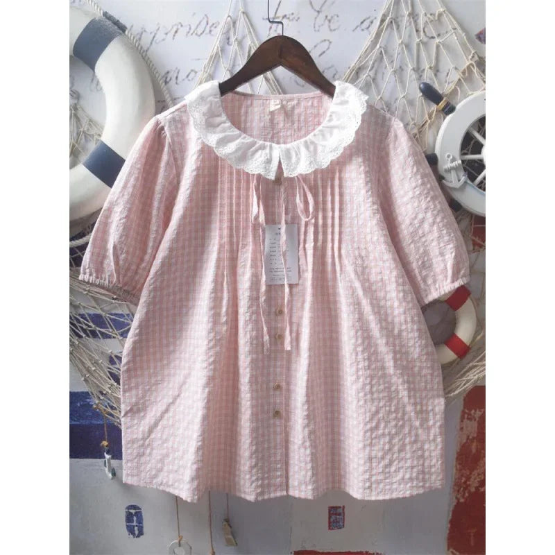 French Style Plaid Doll Collar Blouse